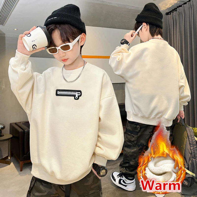 

Korean Boy Winter Insulated Beige Sweatshirt with Fleece Lined Kids Children Warm Thermal Hoodie Outfit with Zipper Embroidery