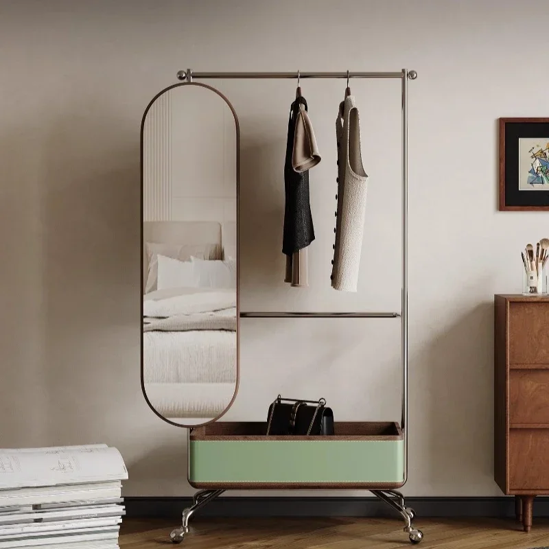 Full-body mirror integrated saddle leather stainless steel removable household hanger with basket