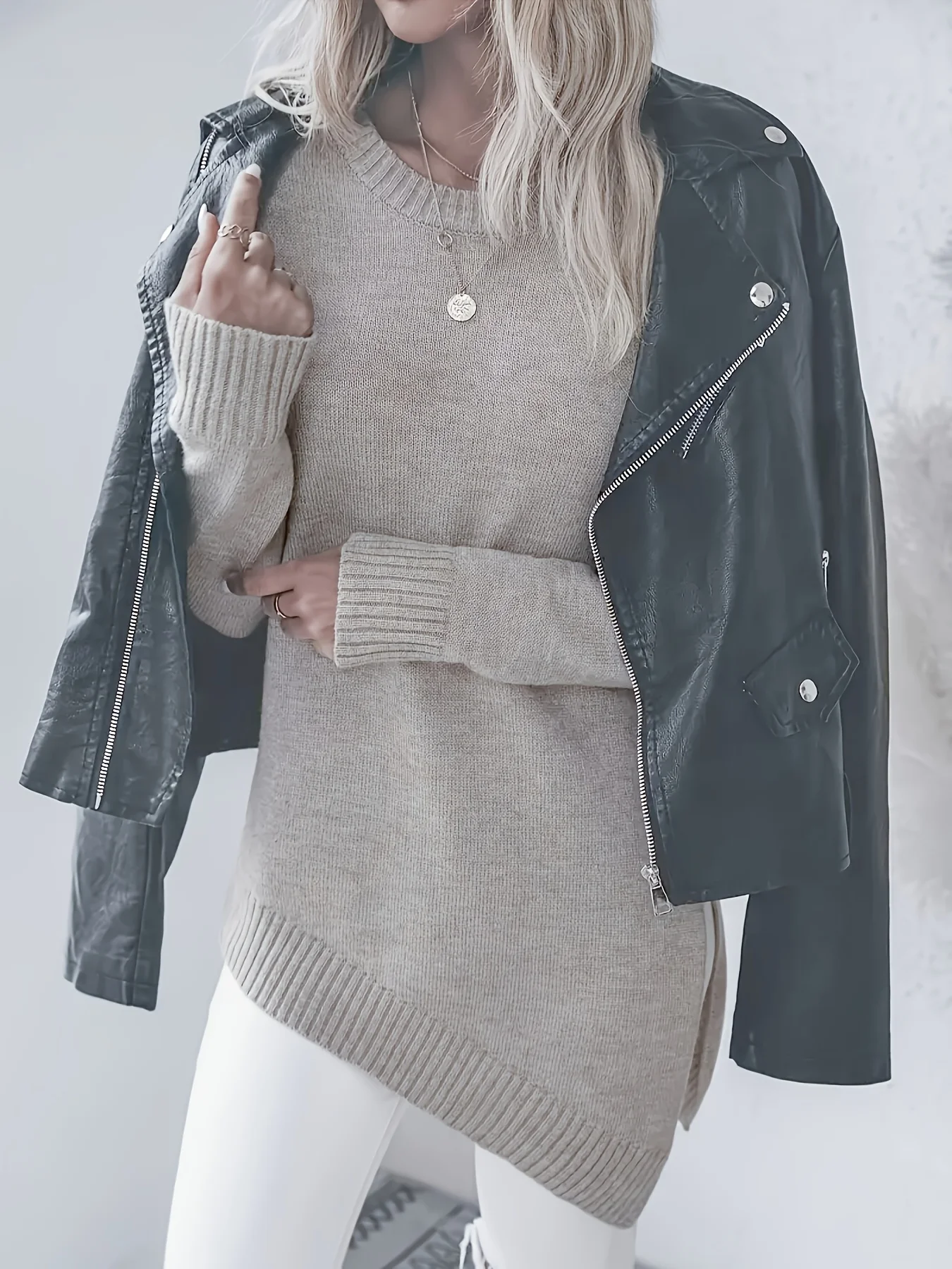 Elegant and Lightweight Asymmetrical Knitted Women's Sweater - Fashionable Long Sleeves, Beige/Khaki Round Neck Pullover, Soft Viscose Fiber Blend, Perfect for Spring/Autum