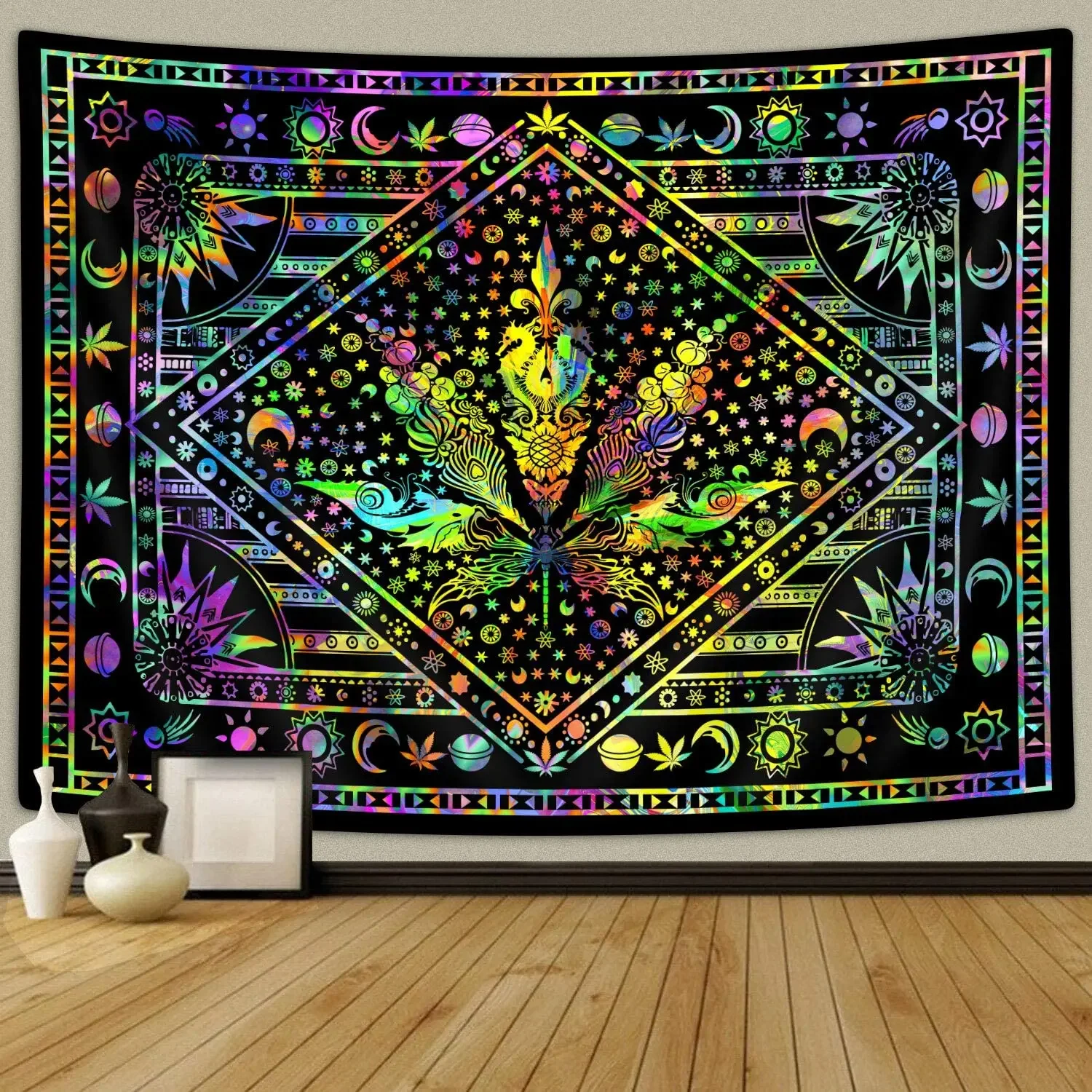 Cool Green Weed Leaf Psychedelic Tie Dye Leaves Maditation Mystic Trippy Stoner Flag Hippie Tapestry Home Decor For Bedroom Dorm