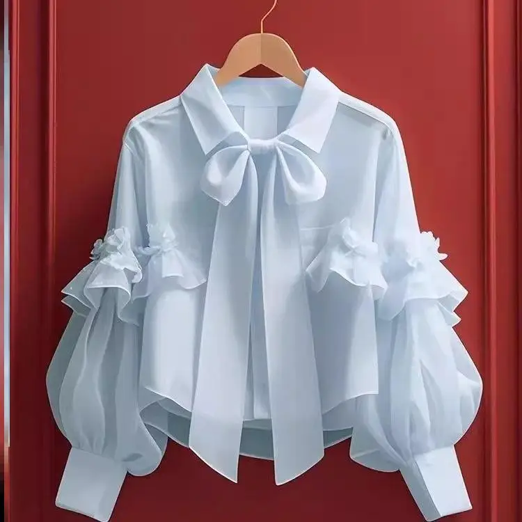 

Early Autumn New Sle Women's Long Sve irt een Knot Lace Trim Unique Beautiful High-End Feeling Faionable