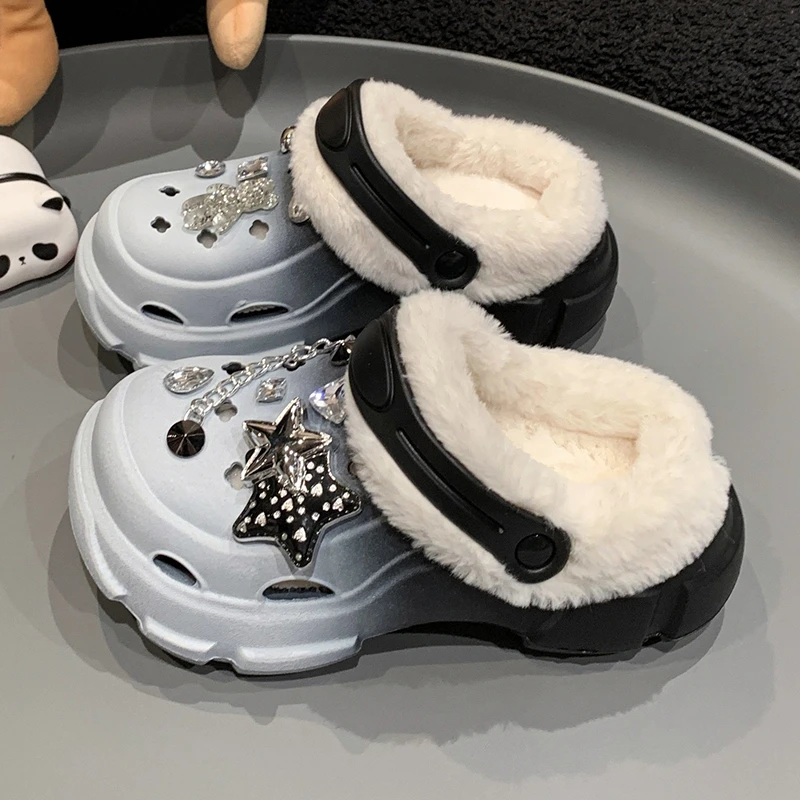 Plush Warm Slippers Winter Girls Boys Hole Shoes Thick High Heel Soft Sole Beach Garden Shoes Children Home Plush Hole Slipper