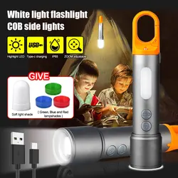 Portable Multi-color LED Flashlight Zoom USB Rechargeable Green/Red/Blue/White Light Torch Emergency COB Work Light with Hook