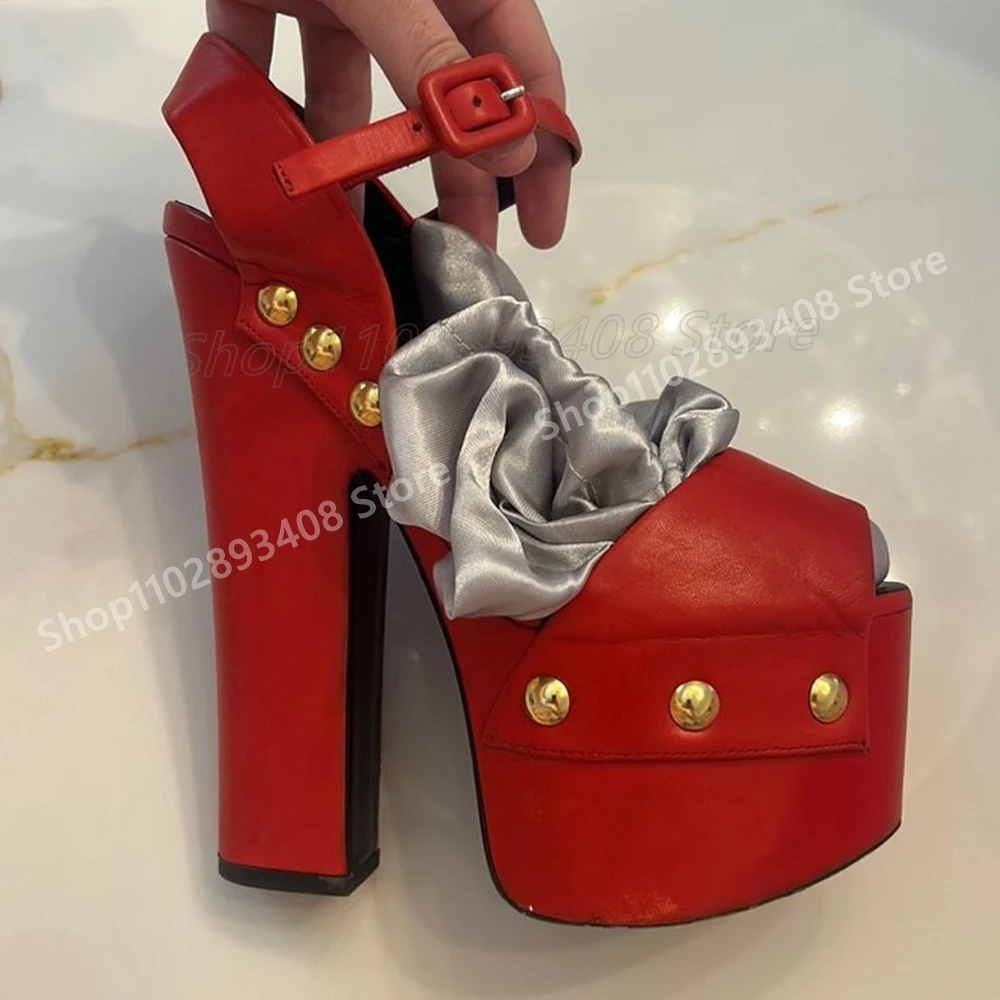 

Red Round Rivets Decor Peep Toe Sandals Matte Chunky High Heel Ankle Buckle Fashion Sexy Women Shoes 2025 Summer Para Mujere