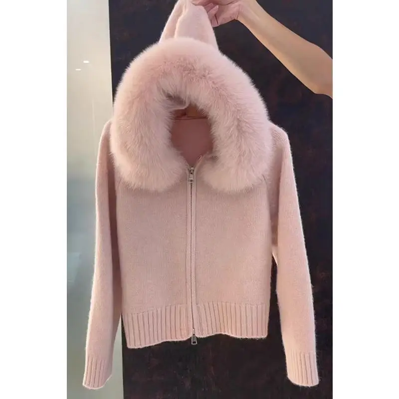 Street Knitted Fur Women's Cardigan Loose Zipper Long Sleeved Hooded Solid Knitwear Female 2025 Autumn Casual Chic Lady Outwear