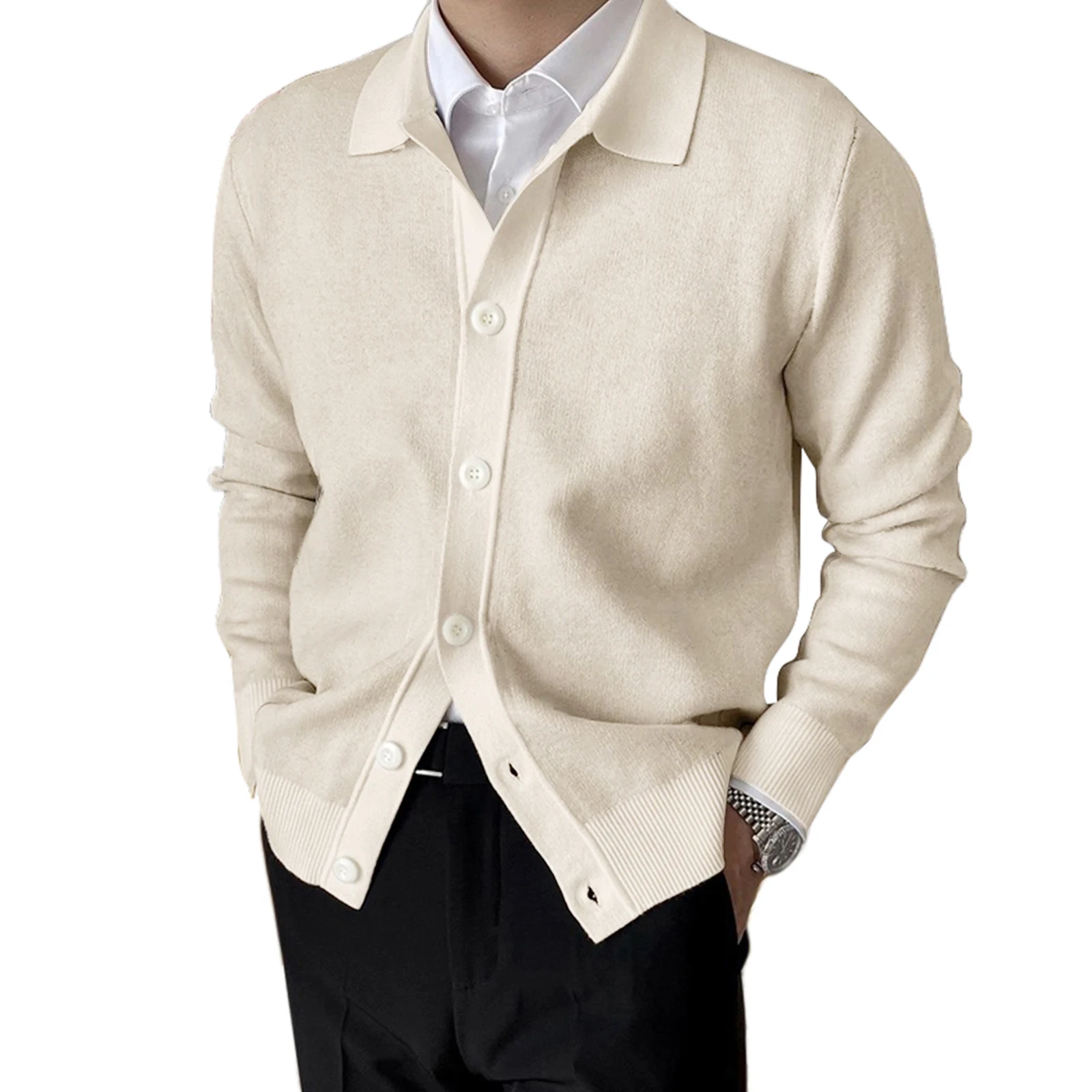 

Men's Autumn Winter Knitwear Coat Long Sleeve Lapel Button Up Solid Color Cardigan Sweater