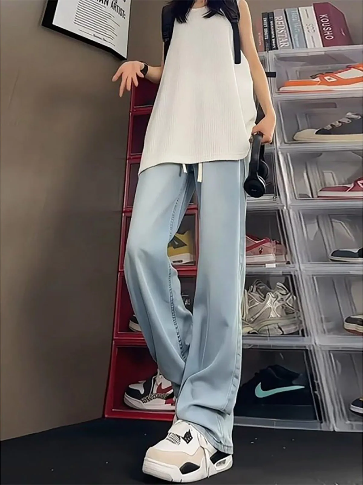 American Style Light Blue Ice Silk Jeans Men Women Micro Flared Summer Thin Cool Blade Leg Lengthening Straight Leg Pants