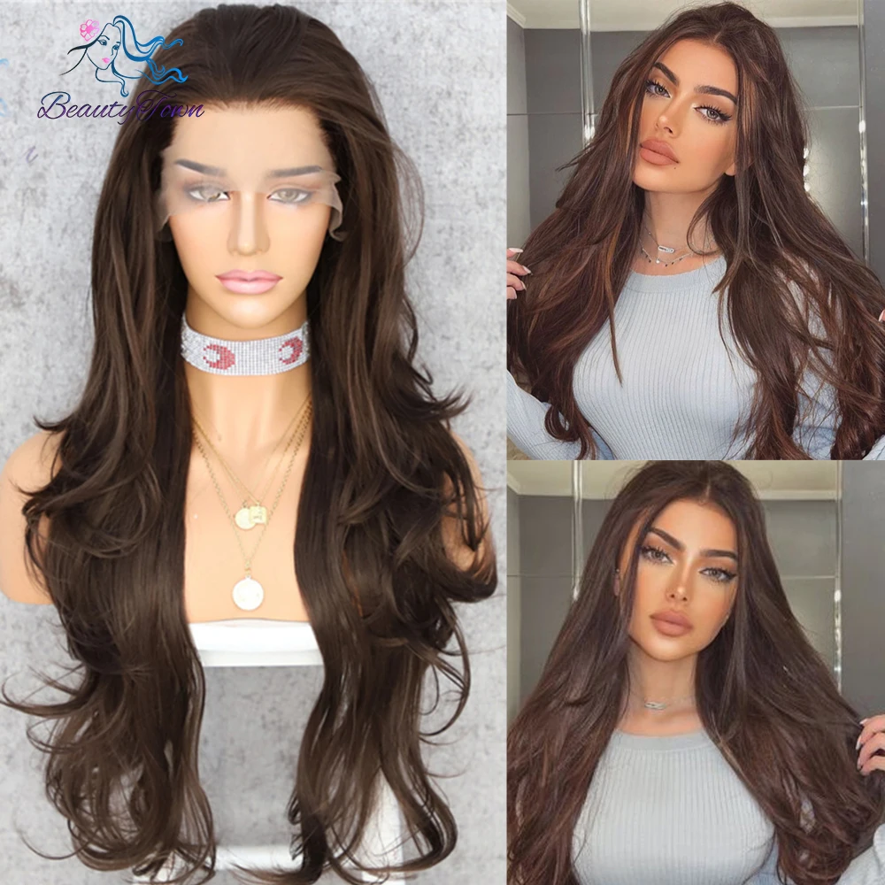 

Brown 13x3 Lace Front Wig Sliver Brown Highlight Colored Synthetic Lace Wig Body Wave HD Transparent Lace Wig Cosplay Party Wig