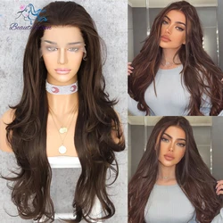 Perruque Lace Front Wig Body Wave Synthétique Transparente HD, Couleur Marron Argent, Balayage Coloré, ixCosplay, 13x3