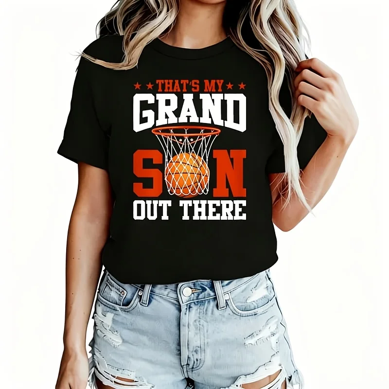 That's My Grandson Out There Basketball Grandma Grandpa Women's T-Shirt 100% Cotton Funny Graphic Short Sleeve Tee Novelty Shirt Casual Crew Neck Top S-5XL