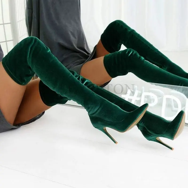 

Women Pointed Toe Over The Knee Boots Women's Flock Thigh High Boots Winter Ladies Slim Super High Heels Female Shoes Size 35-43