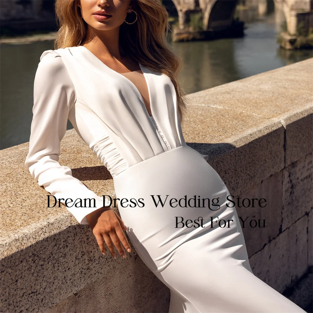 DREAM Long Sleeve V-Neck Mermaid Wedding Dress Women 2025 Pleat Open Back Bridal Gown Sweep Train Vestidos De Novia Customized