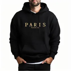 PARIS Romantic City Print, Sweatshirt With Long Sleeves, Men's Creative Slightly Flex hooded Pullover For Spring Fall And Winter