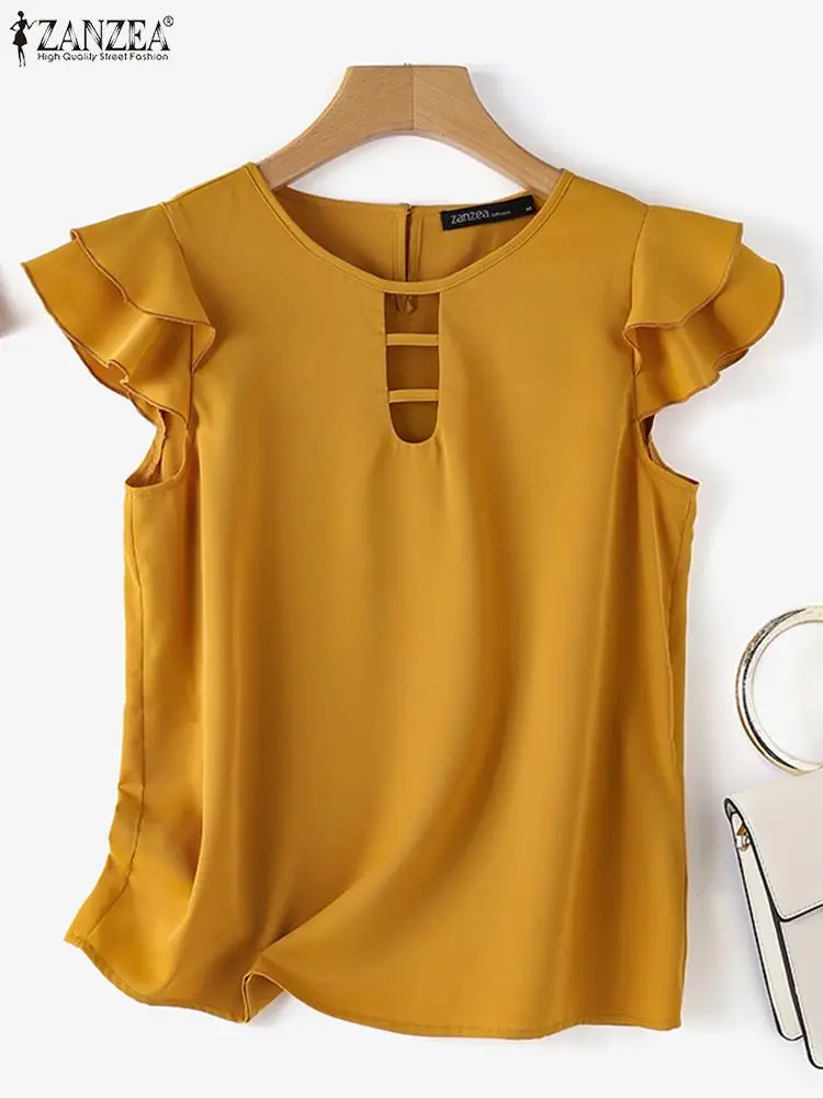 2023 ZANZEA Summer Elegant OL Work Blouse Fashion Short Sleeve Tunic Tops Female Casual O-Neck Shirt Woman Ruffles Party Chemise