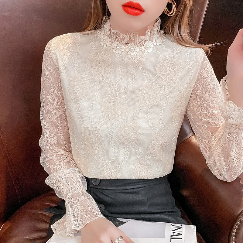 

Women's Embroidered Lace Blouse - Korean Style Chiffon Shirt with Beaded Collar, Spring 2026 New Fashion Top