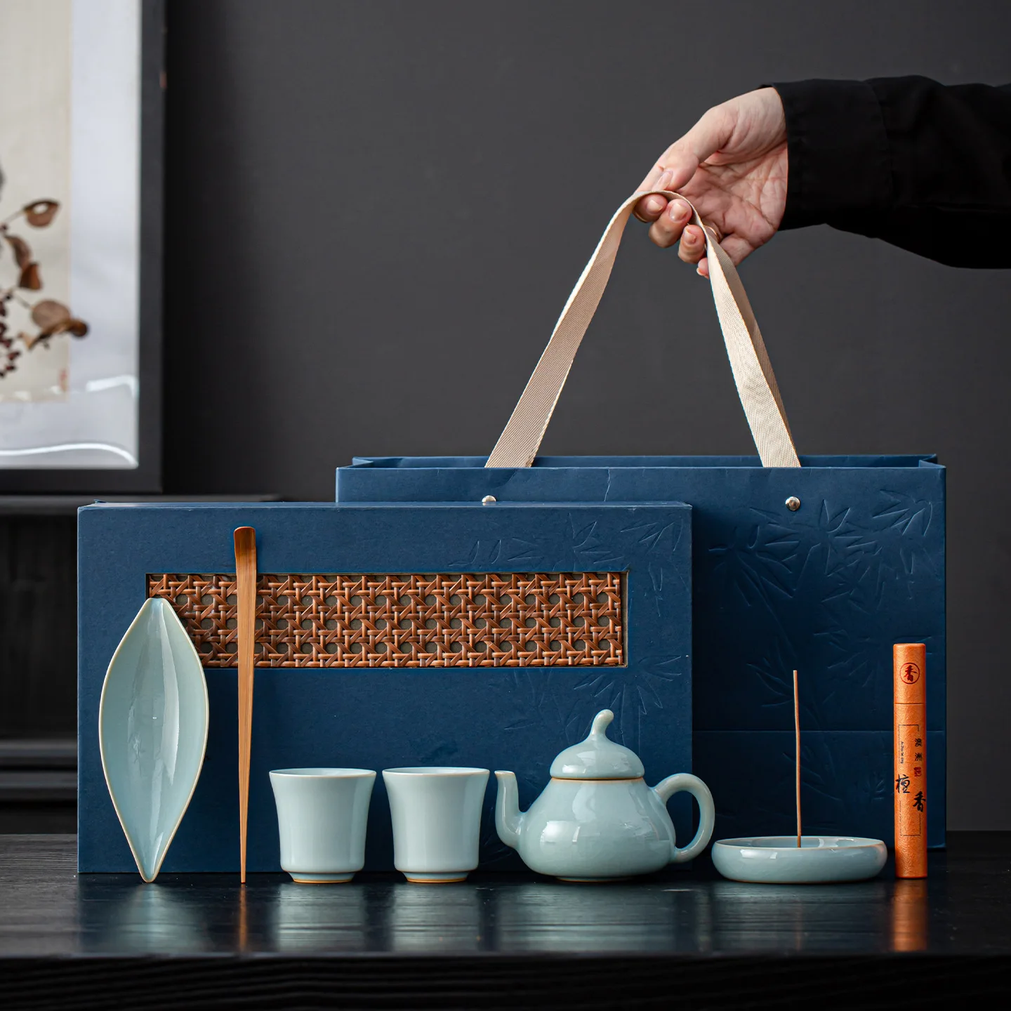 Ru Kiln Set Household Ru-Porcelain Gracked Glaze Supportable One Pot Two Cups High-Looking Teapot Gift Box
