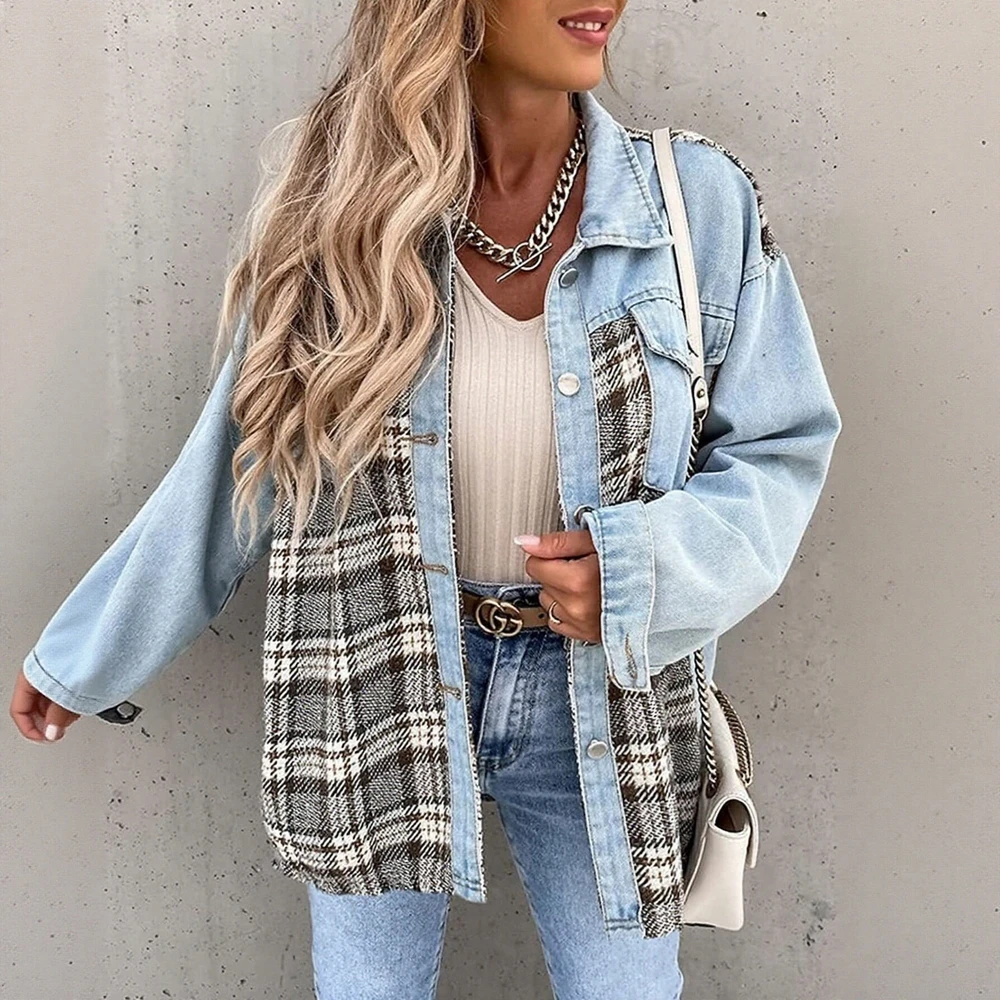 

Женская осенняя клетчатая джинсовая куртка с длинным рукавом, рубашка с воротником на пуговицах спереди, офисная женская модная верхняя одежда