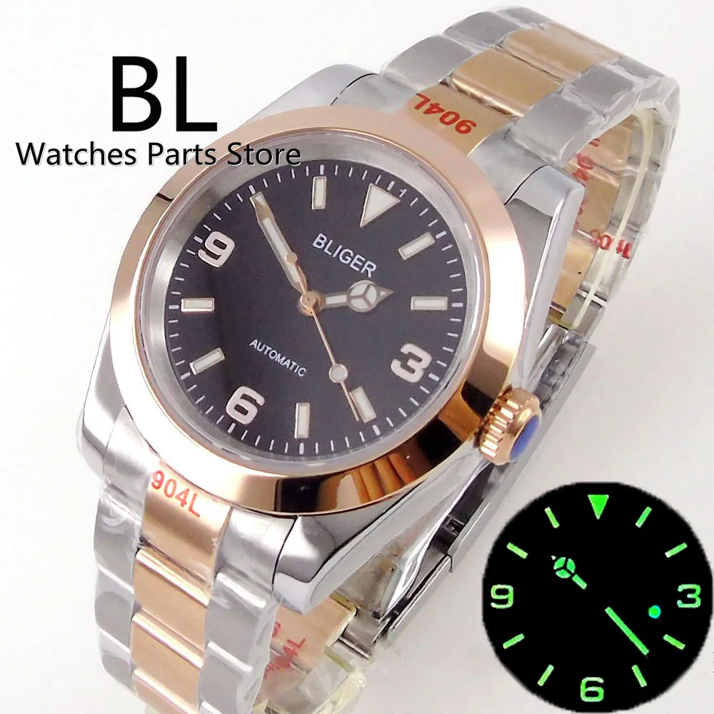 BLIGER 36mm/39mm Two Tone Gold Watch For Men With Steel Bracelet Polished Bezel Sapphire Glass Black Dial Green LumeNH35 PT5000