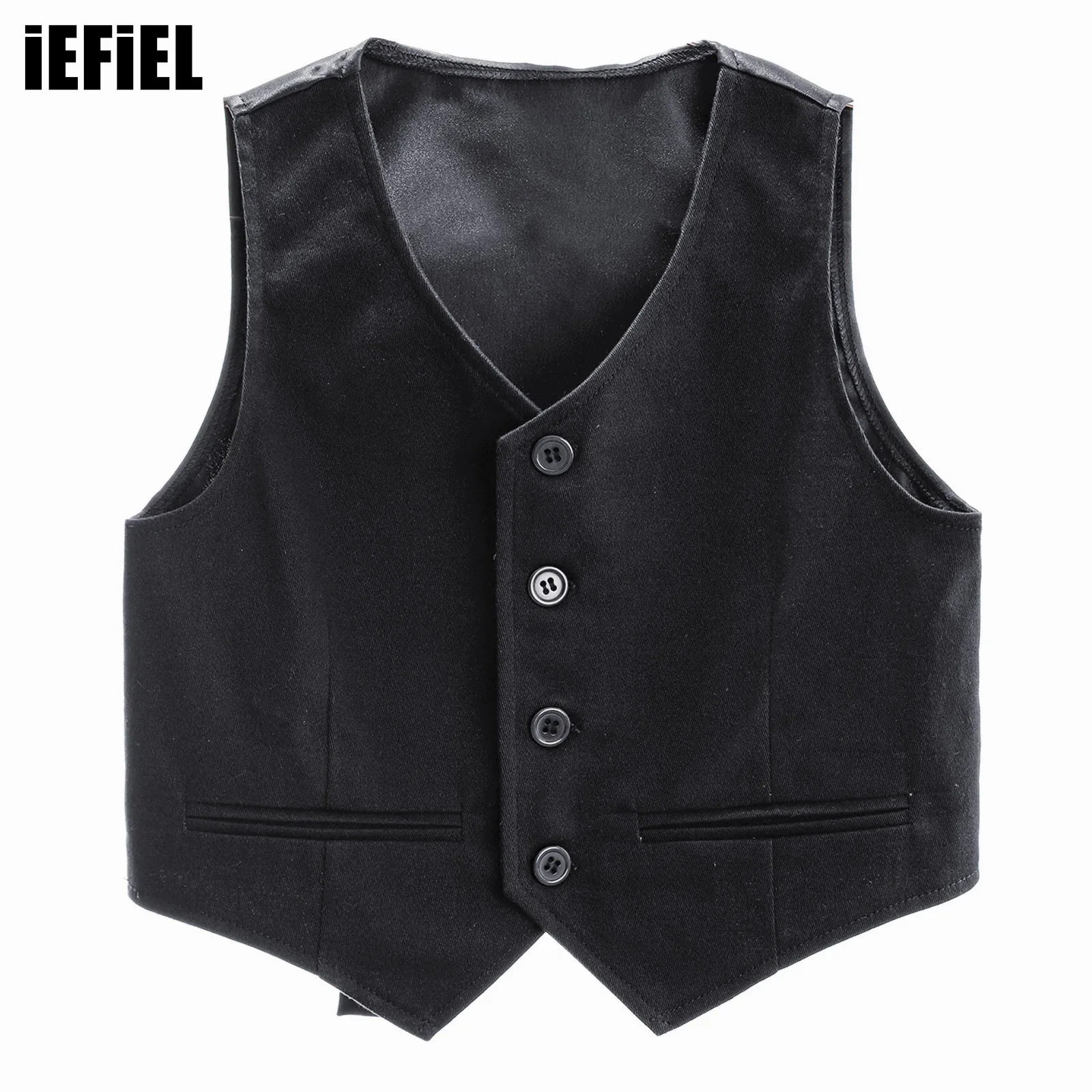 

Kids Boys Gentlemen Solid Color Vest V Neck Button Down Back Strap Pointed Waistcoat Party Stage Performance