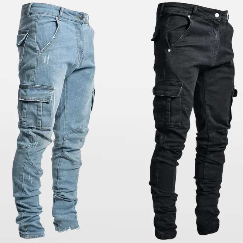 Jalan jins elastis pria Denim celana kargo cuci warna Solid Multi kantong kasual pertengahan pinggang celana Slim Fit pakaian sehari-hari Jogger