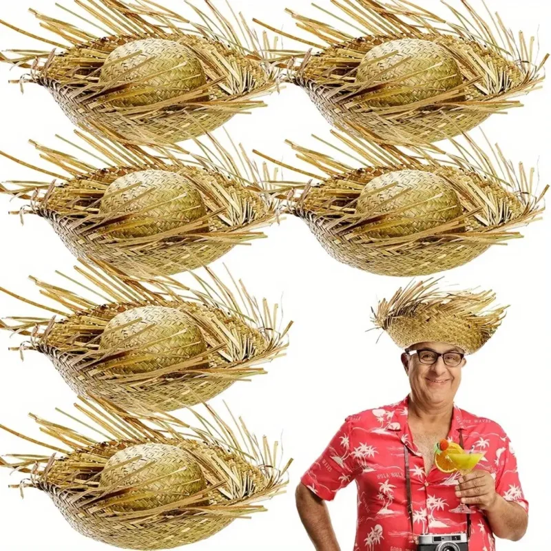 6pcs Straw Hat Hawaii Beach Party Costume Beachcomber Hats for Women Men Hawaiian Farmer Caps for Party Props Decoration