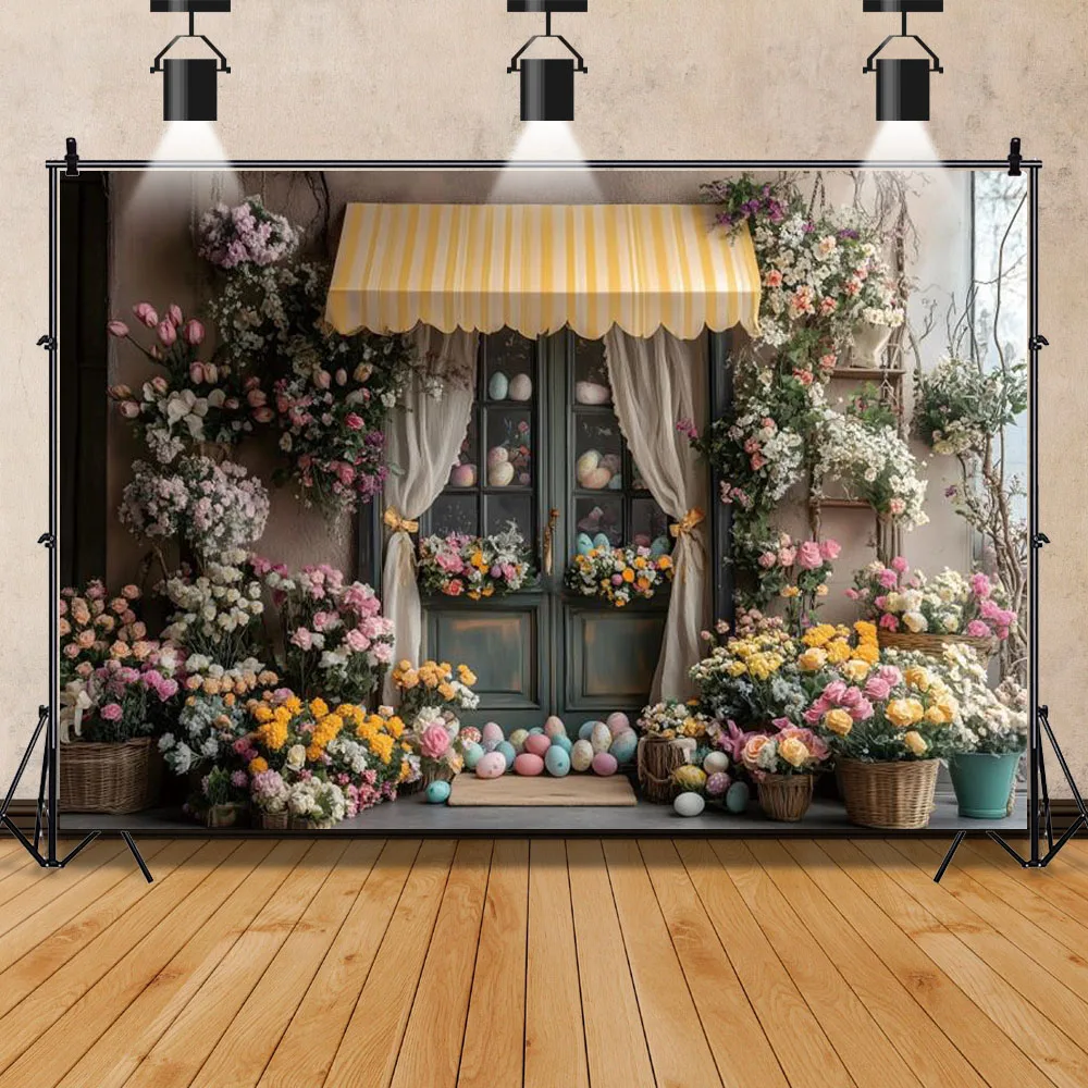 부활절 꽃 가게 배경 용수철 부활절 날 꽃 다채로운 계란, 어린이 생일 파티 사진 배경 사진 부스 소품