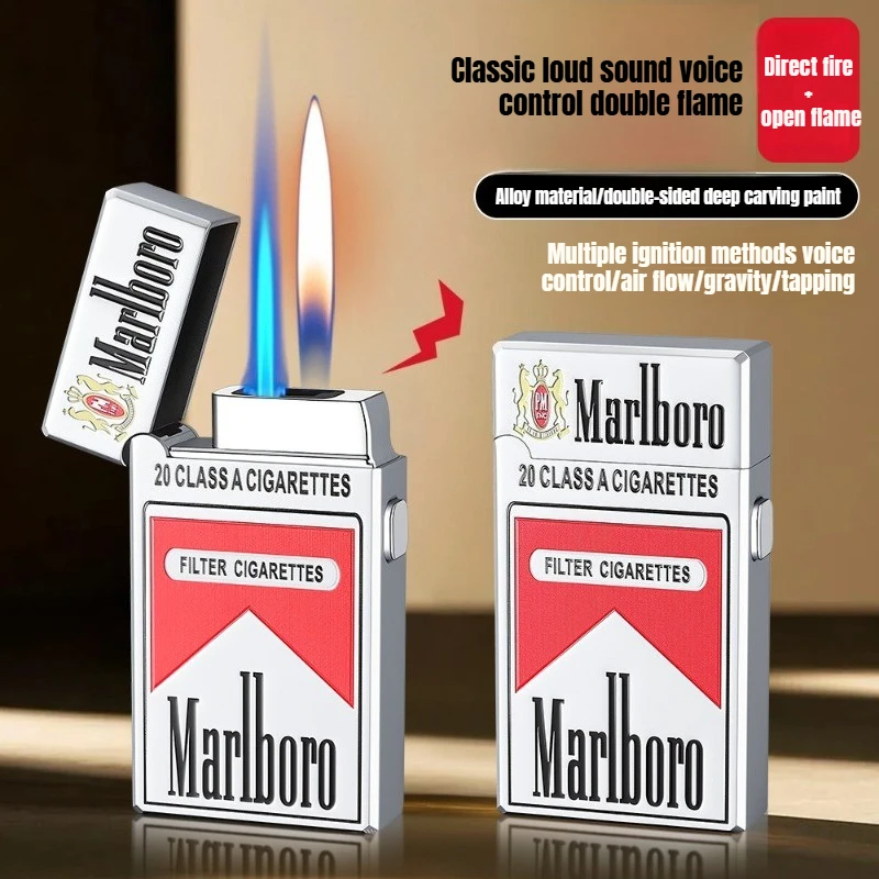 Encendedor de encendido inteligente controlado por voz, encendedor de cigarrillos de doble llama de fuego directo, encendedor con patrón Marlboro, regalo para hombres