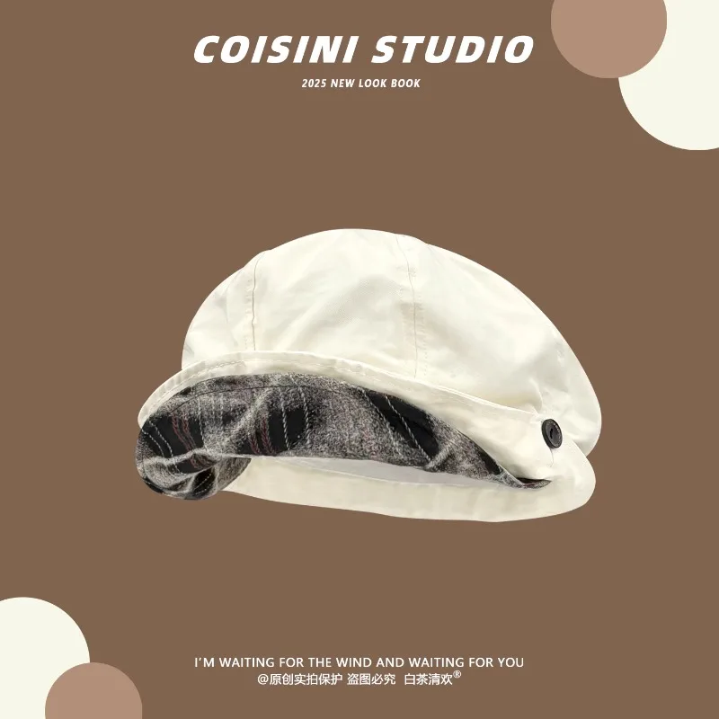 

Japanese Plaid Double Brim Personalized Octagonal Beret Men and Women Spring and Autumn Fashion Color Matching Plaid Painter Hat