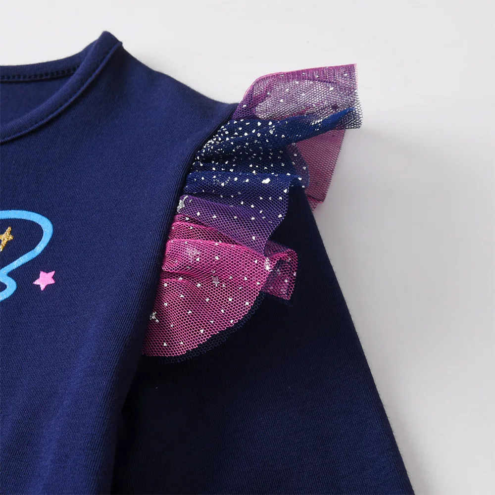 Mädchen Galaxy Stern Schmetterling Druck Langarm Tüll Prinzessinnen-Partykleid Kleinkinder Herbst Frühling Farbverlauf Ombre Marineblau Outfits – Detail 12