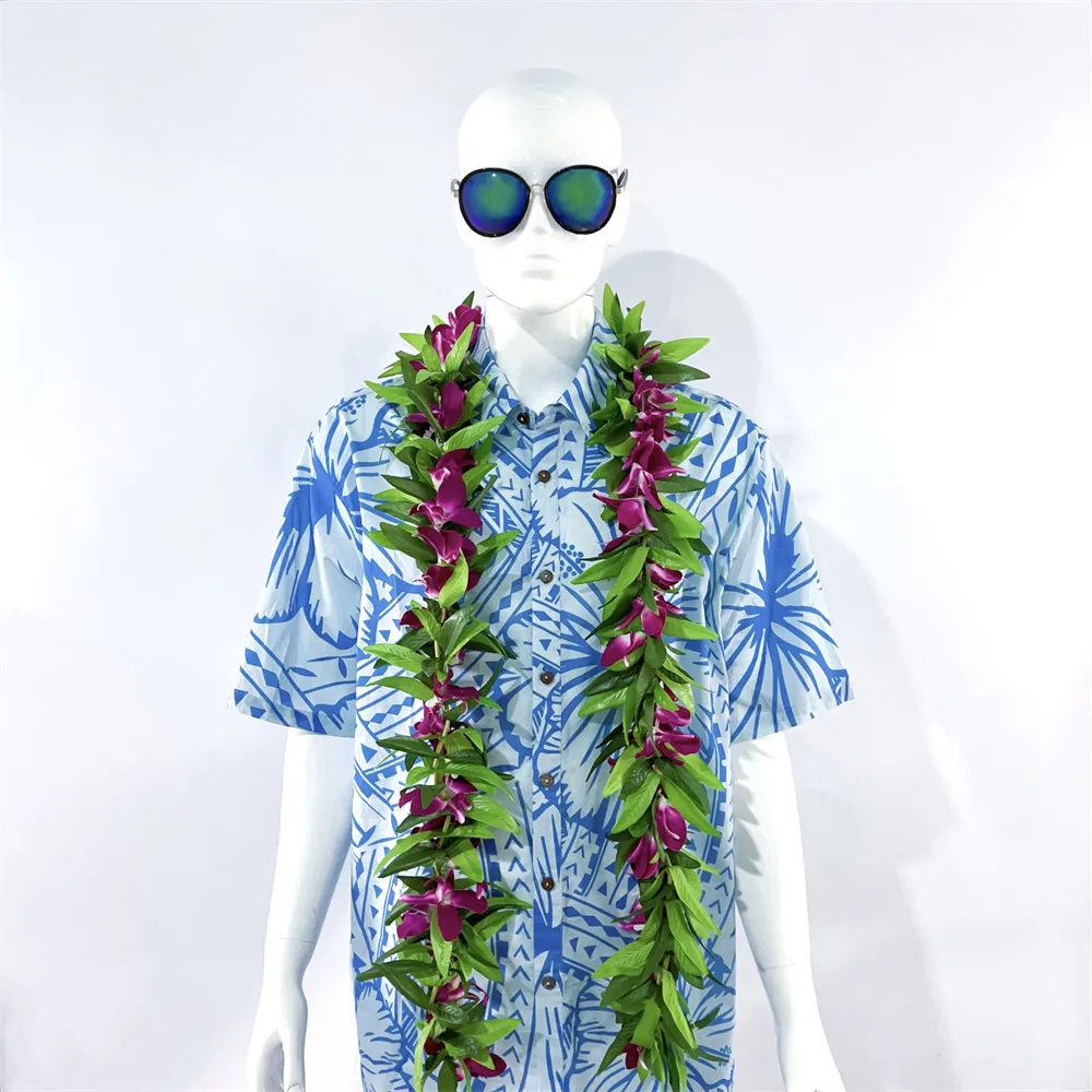 Popular Hawaii Maile Lei hoja doble hebra de Ti con orquídeas blancas púrpuras 2023 graduación boda Luau celebración de cumpleaños