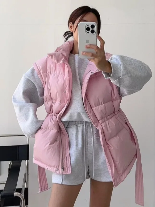 シックな秋冬厚手の綿ベスト女性のファッションスタンドカラーウエスト締めシングルボタンジャケットアウター