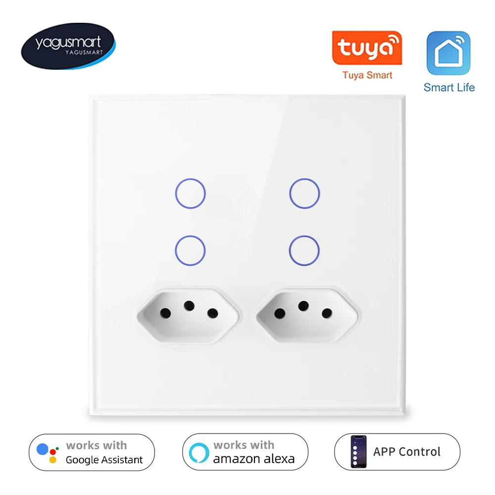 Yagusmart Tuya WiFi 4x4 Wall Switch with Brazil Sockets 4 Gang Touch Glass Switches with 2 16A Outlets Alexa Google Home Control