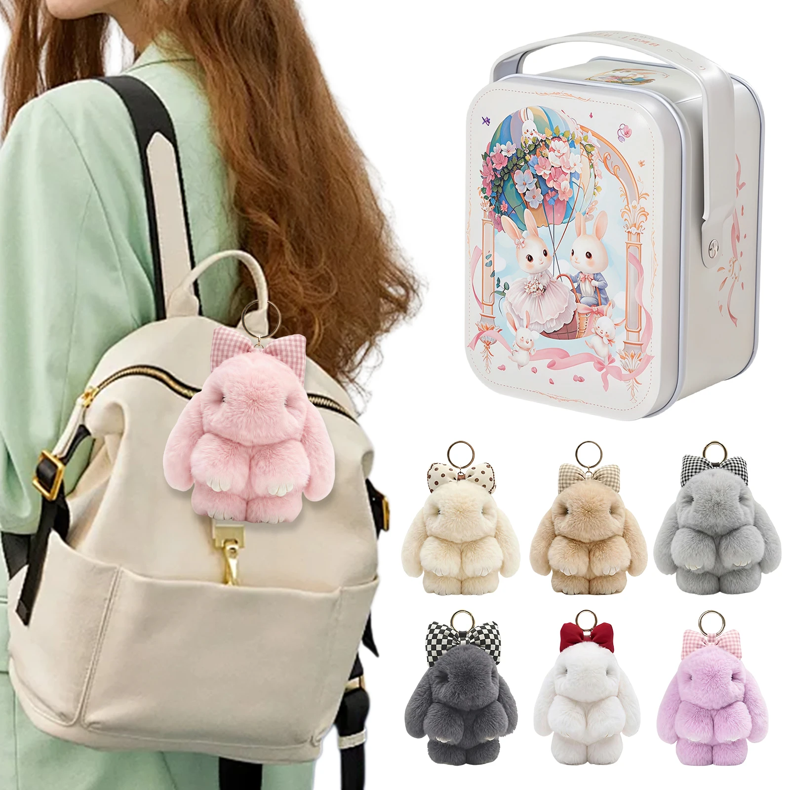 Cute Bunny Plush with Tin Box Charming Rabbit Design Car Handbag Keyring Cute Plush Key Chain Easter Gifts for Women & Teens