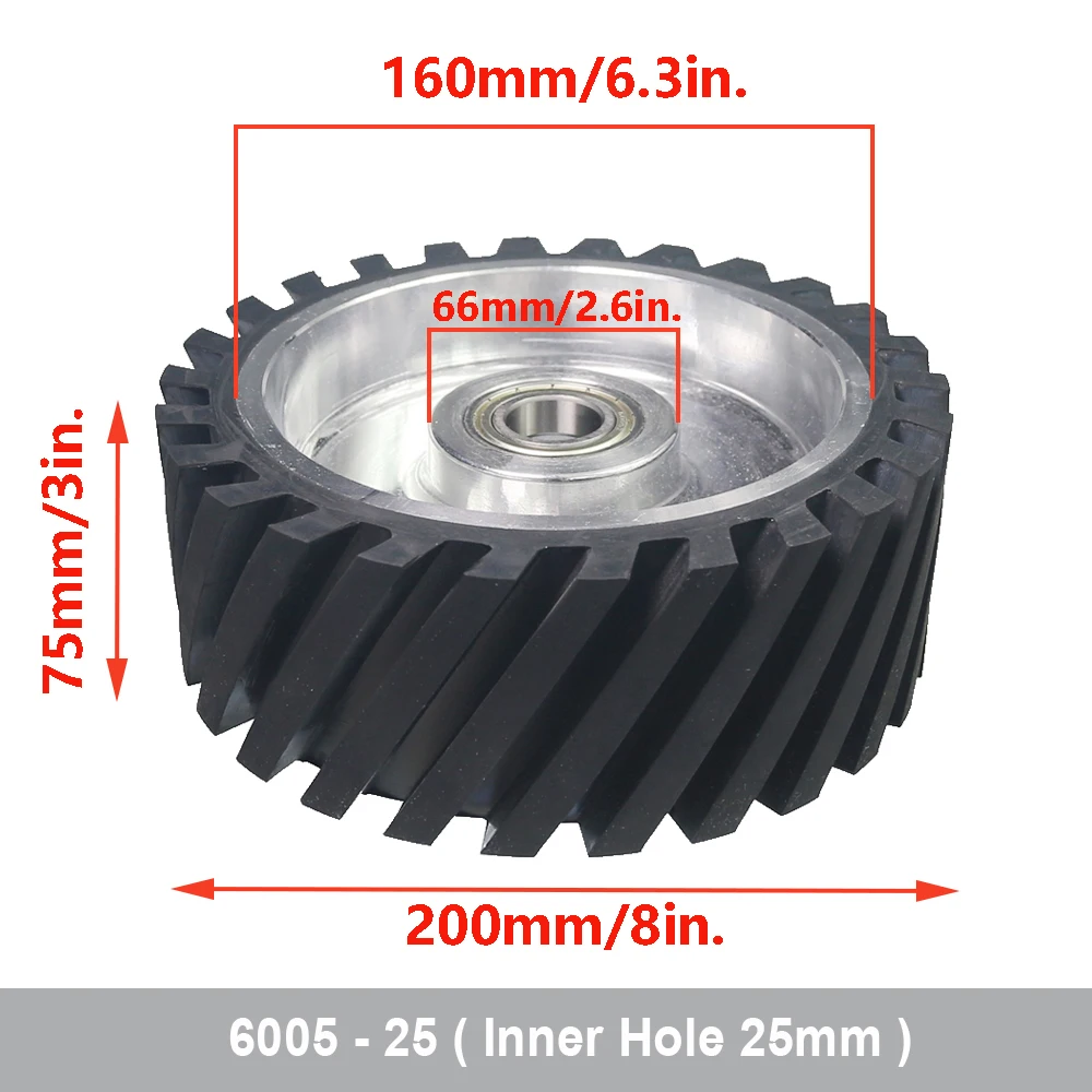200 * 75 mm gekarteld rubberen contactwiel Dynamisch gebalanceerde riemslijper achterbank spanwiel