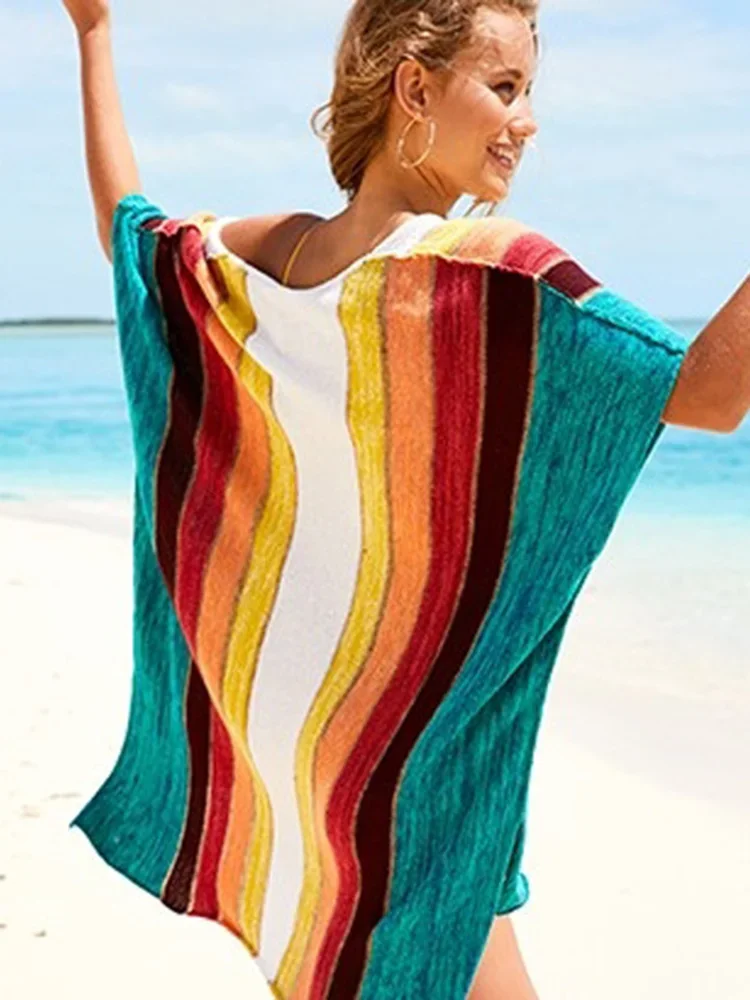 新しいコントラストカラービキニカバーアップ女性ビーチカバーアップ V ネックプラスサイズミニドレス夏のファッション女性の休日のビーチウェア