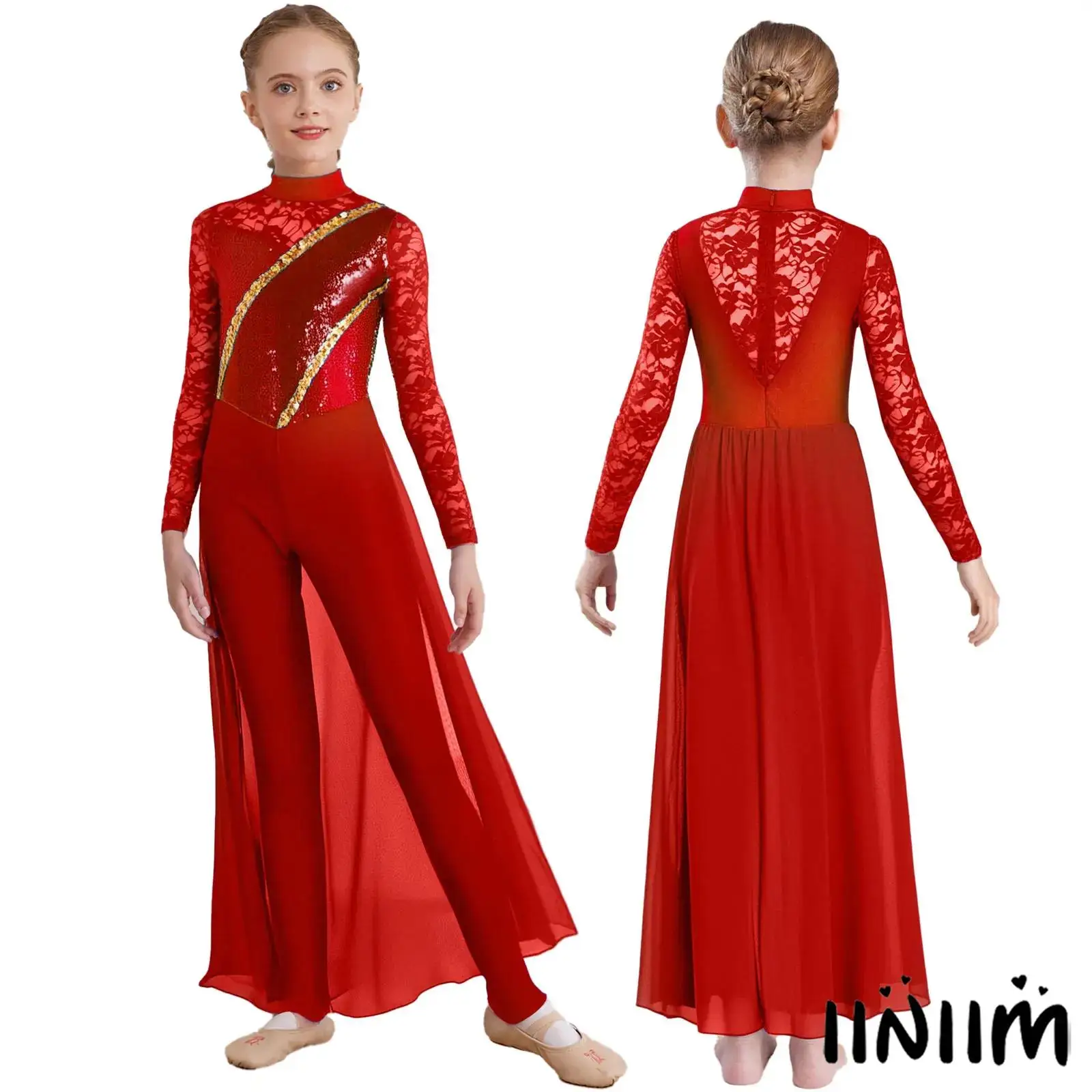 

Kids Girls Gymnastics Figure Skating Jumpsuit Sheer Floral Lace Long Sleeve Mock Neck Sequins Chiffon Rompers Dance Costume