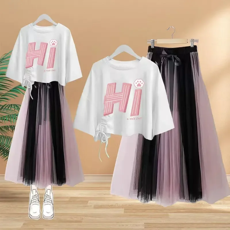 Small Fresh Suit 2026 Summer Female Students Korean Loose Printed Short Sleeve T-shirt A Mesh Skirt Two-piece Set