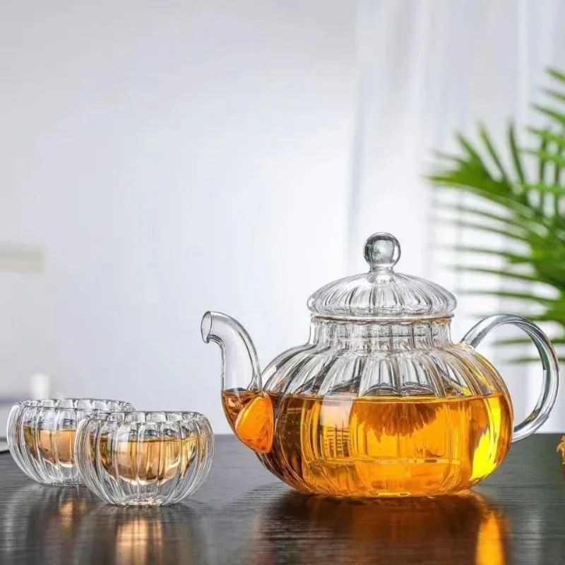 

Flower Tea Pot Heat Resistant Glass Striped Pumpkin Filter Inner Tank Soaking