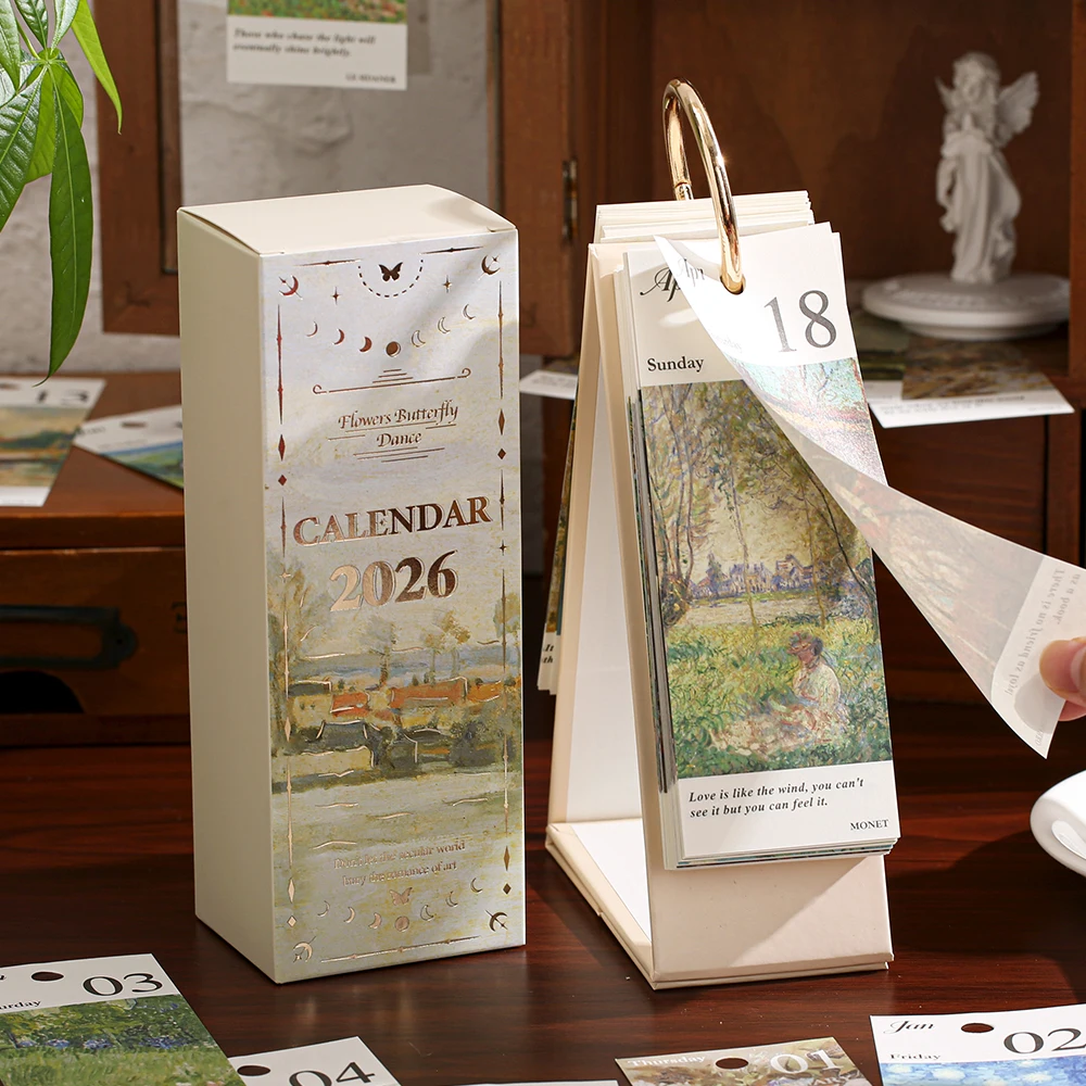 

Настольный календарь на 2026 год с переплетом золотого кольца, 365-дневная винтажная картина маслом, вдохновляющие цитаты, односторонняя страница, ежедневник