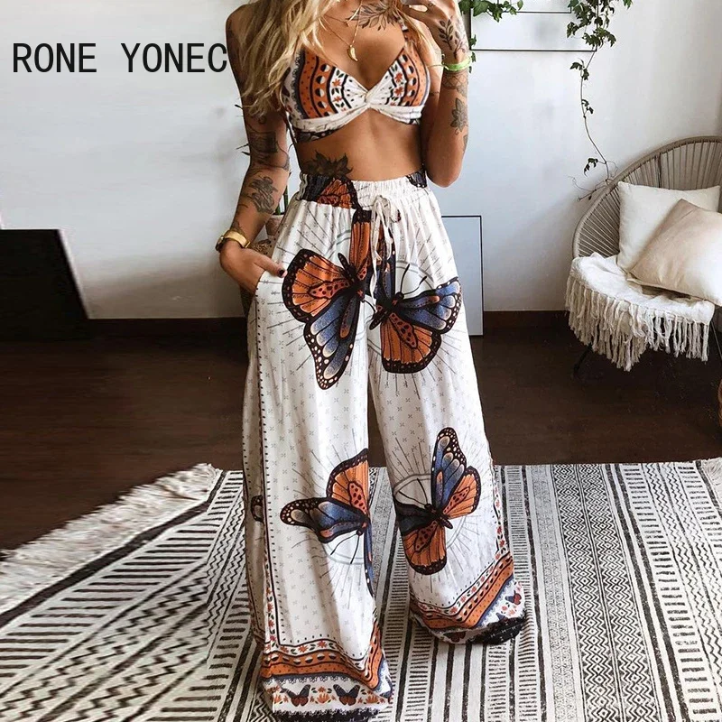 Women Two Pieces Set Butterfly Graphic Print Crop Top & Wide Leg Pants Set Women Suit