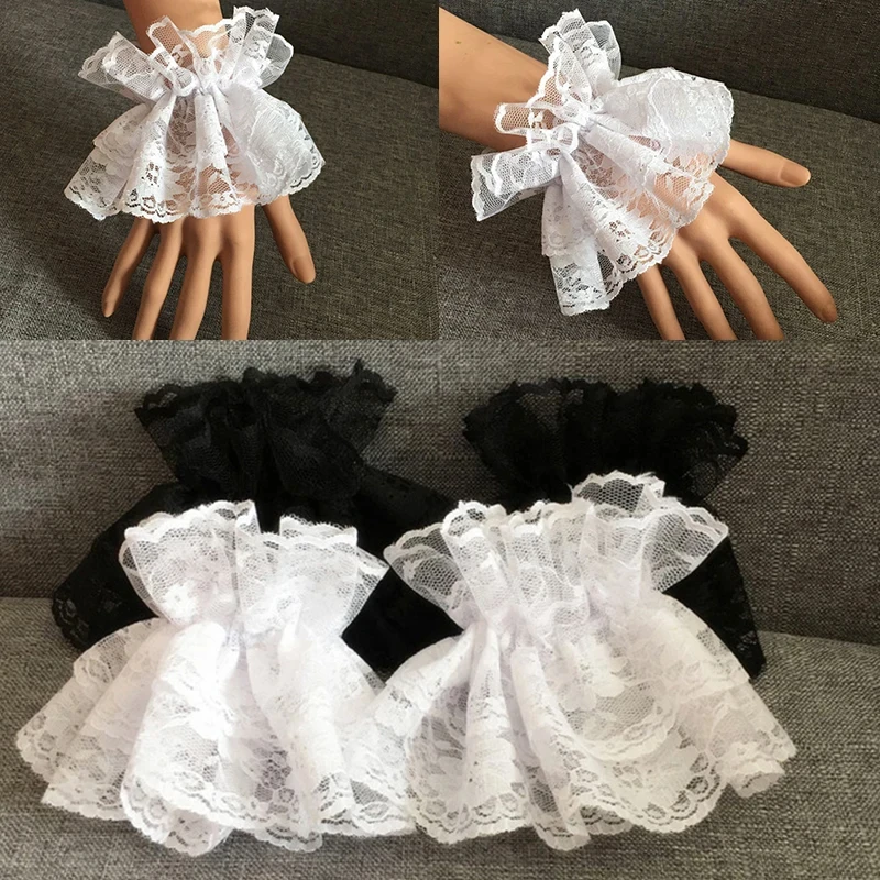 1Pair Lolita Hand Sleeve Wrist Cuffs Ruffled Floral Black Lace Elastic Bracelet Elegant Women Girls Wrist Warmers Gloves Gift