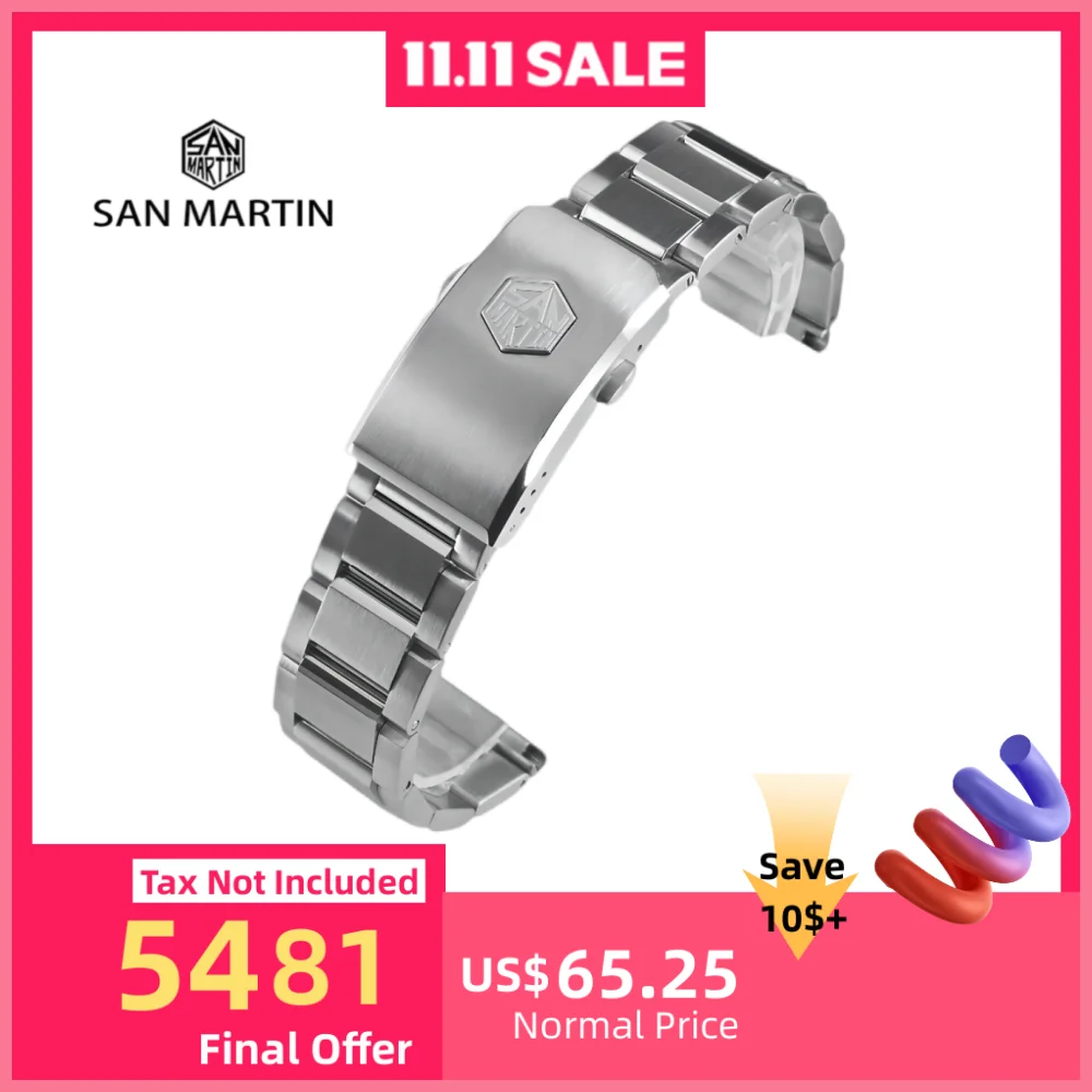 

San Martin Watchbands Oyster 20mm 22mm Straigth End Links Bracelet Solid 316L Stainless Steel 3-Link Universal Waterproof BD0007