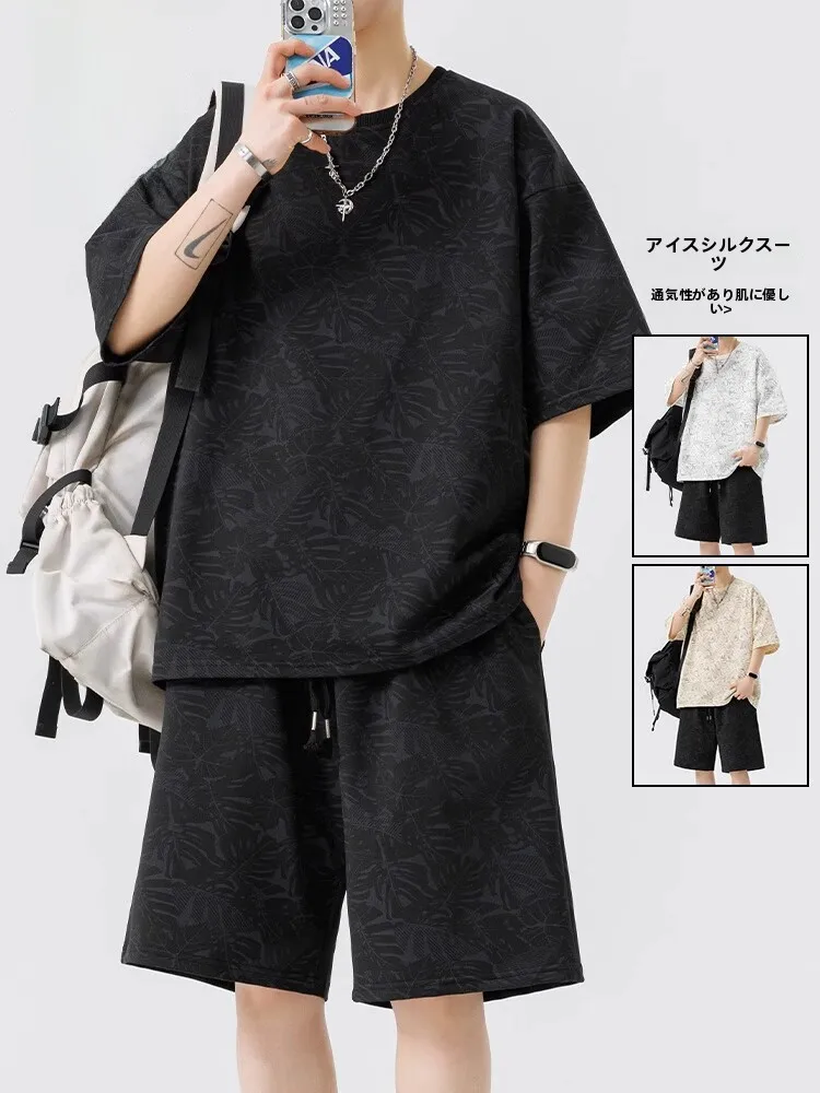 ice-silk-casual-set-men's-short-sleeve-t-shirt-summer-thin-quick-dry-sports-shorts-stylish-youth-polyester