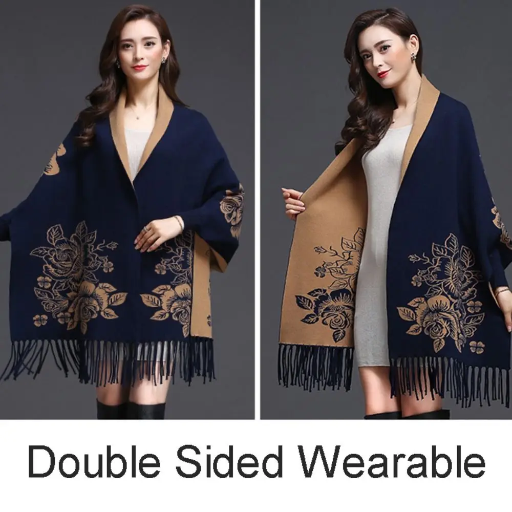 تقليد الكشمير التطريز وشاح شرابة مزدوجة الوجهين يمكن ارتداؤها شال طويل مهدب فاخر أنيق رشاقته