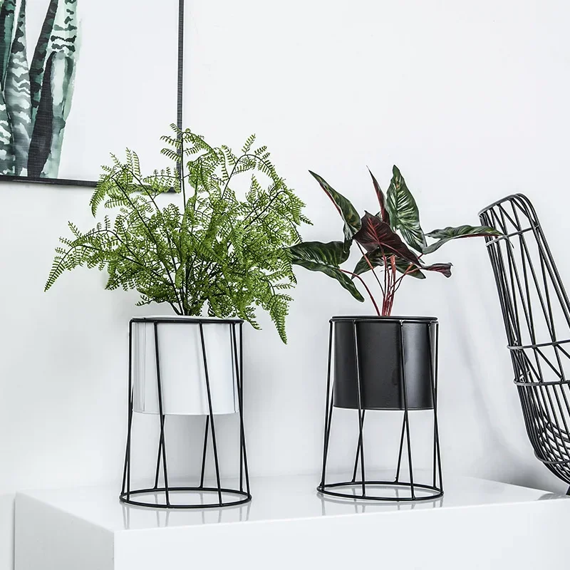 Modern Geometric Iron Plant Holder Sleek Black and White Hollow Pot Stands for Contemporary Indoor and Outdoor Botanical Display