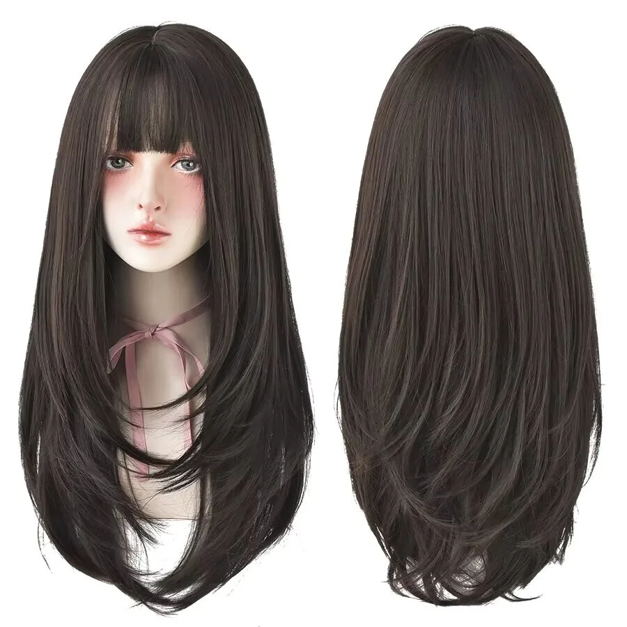 باروكات صناعية طويلة مستقيمة باللون الوردي والبني، باروكات أومبر سوداء مصبوغة مع فرقعة #2