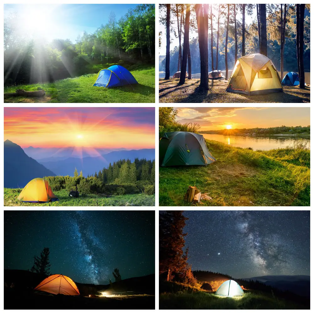 

Outdoor Forest Camping Photography Backdrops Travel Camp Tent Bonfire Grassland Mountains Birthday Party Photo Background Decor