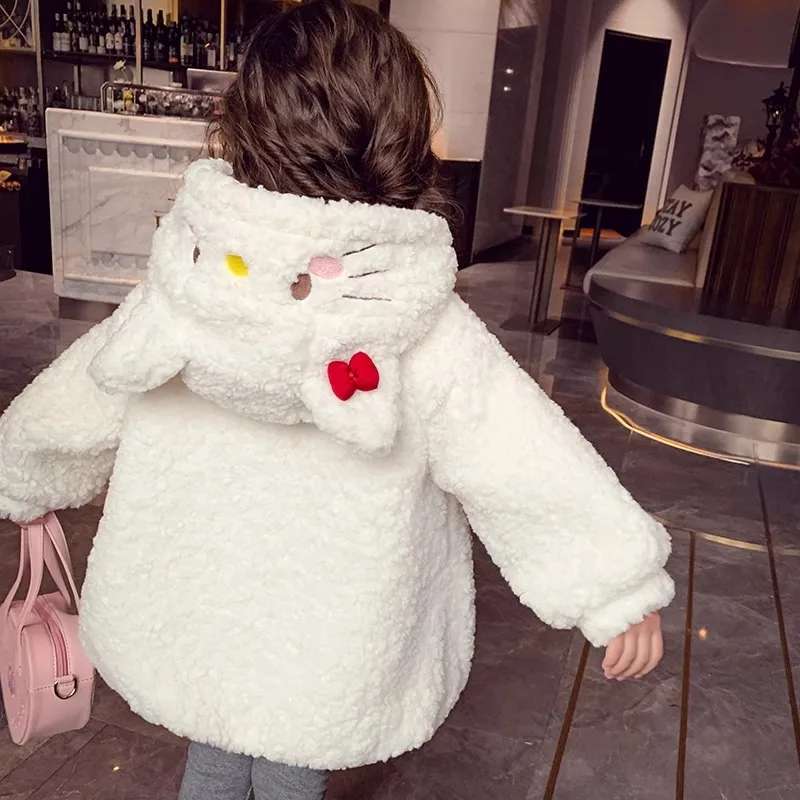 2024 New Hello Kitty Girls Cotton Cute Thermal Coat Winter Dress Girls Casual Hooded Cropped Jacket White Plush Top Gift