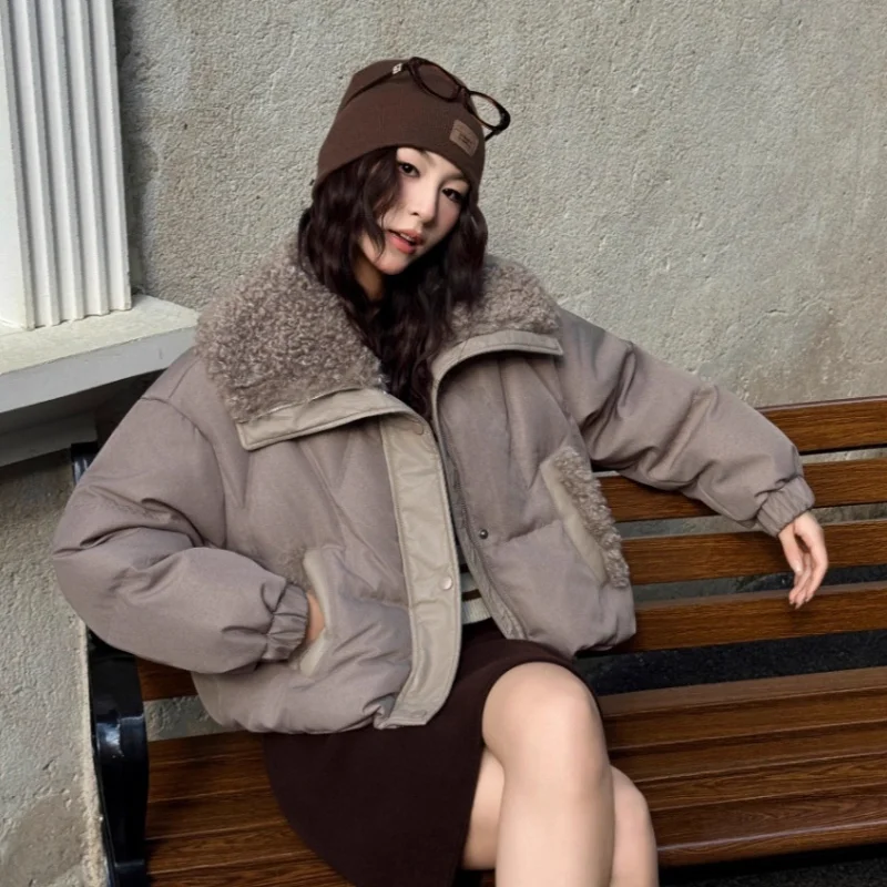 

Women's Short Down Jacket with Shearling Collar 2025 Winter New Arrival Thickened 90% Down Fill Trendy 90s Style