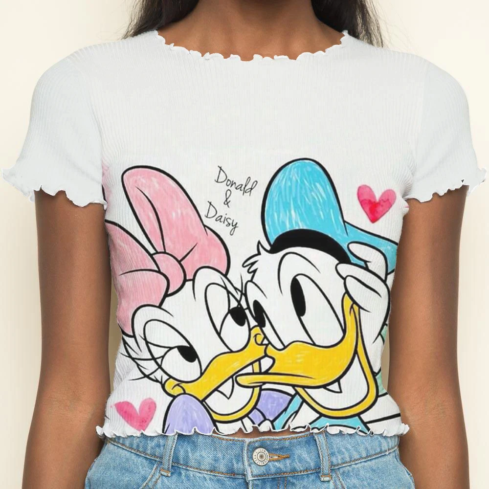 T-shirt Donald Duck Crop Tops Sexys Short Sleeve Woman Clothing Lettuce Trim T-shirts Disney Top Summer Clothes Women 2024 Tees